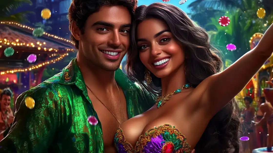 Join the Ultimate Casino Party at 1111BET44. A happy couple enjoys a vibrant tropical casino party, with colorful chips floating in the air, capturing the fun and social atmosphere of playing exciting games together at