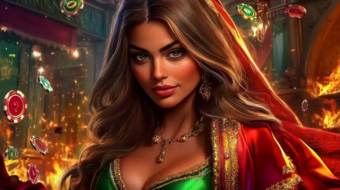 An elegant woman in a stunning red sari enjoys the thrilling atmosphere of the 1111BET44 casino, surrounded by floating chips and the promise of epic, festive wins.