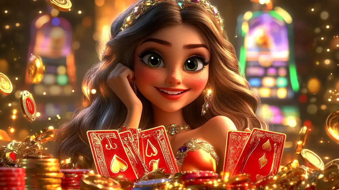 A charming animated princess celebrates her winnings with a royal flush, surrounded by a treasure of gold coins, showing the fairytale wins possible at 1111BET44 card games.