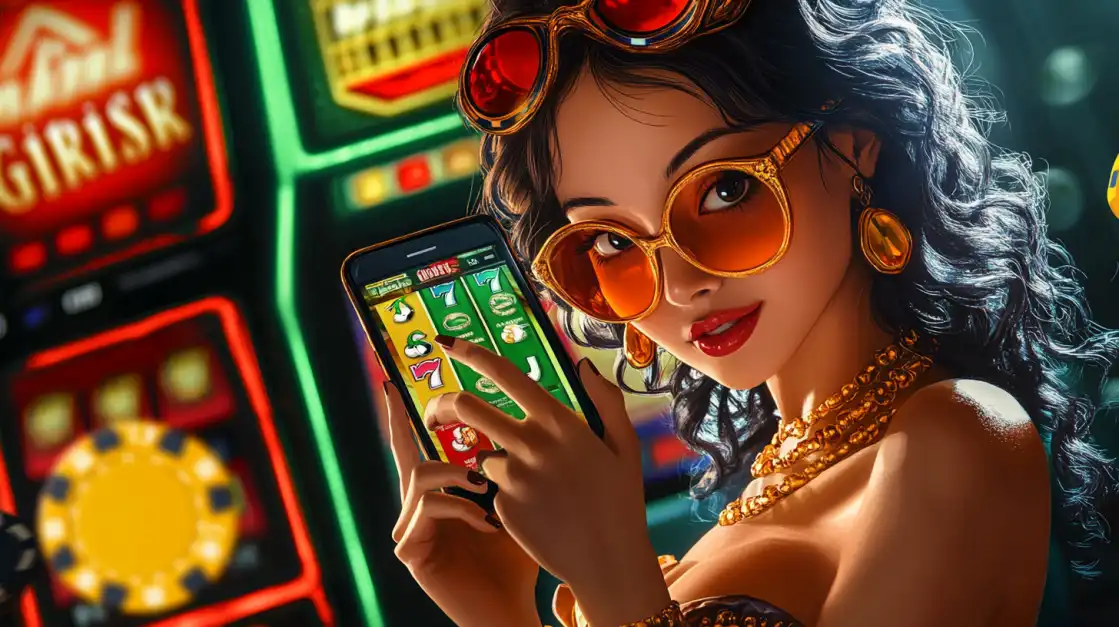 A stylish woman with big sunglasses enjoys a winning spin on a mobile slot game using the 1111BET44 app, showing how easy it is to play and win on the go.