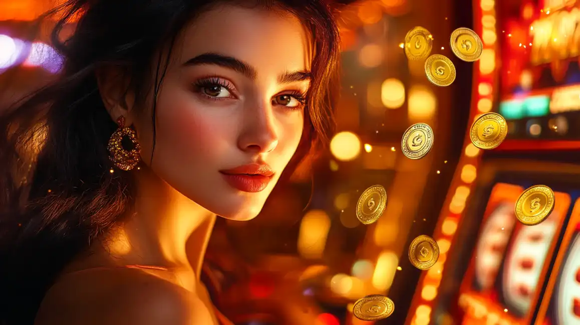 A beautiful woman enjoys a lucky moment at the 1111BET44 online casino, with golden coins floating around her as she plays for the next big jackpot on the slots.