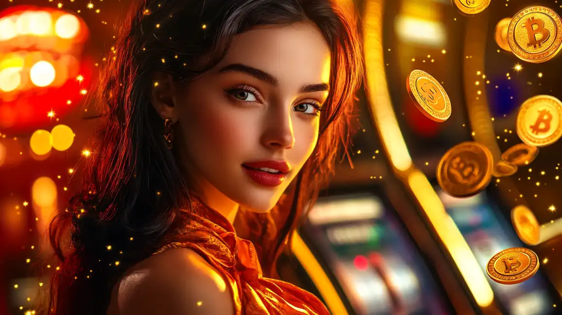 A radiant woman is surrounded by a shower of golden Bitcoins in the 1111BET44 casino, highlighting the massive crypto jackpots you can win on our popular slot games.