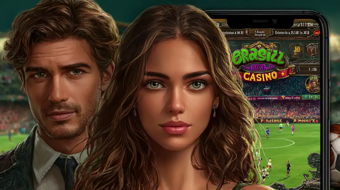An attractive couple invites you to explore the best of Brazilian casino games and sports betting on the official 1111BET44 mobile app, your home for all the action.