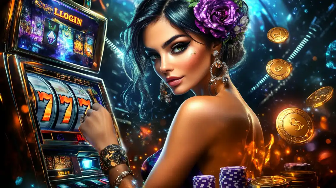 Log In to 1111BET44 for Classic Slot Wins. An elegant woman with a purple rose in her hair plays a classic 777 slot machine after logging into her 1111BET44 account, surrounded by a shower of winning golden coins.