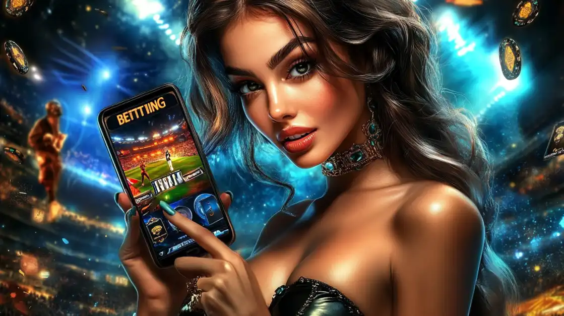 Live Sports Betting Made Easy with 1111BET44. A woman places a live bet on a thrilling sports match using the fast and intuitive 1111BET44 mobile betting app, bringing the stadium excitement right to her fingertips.