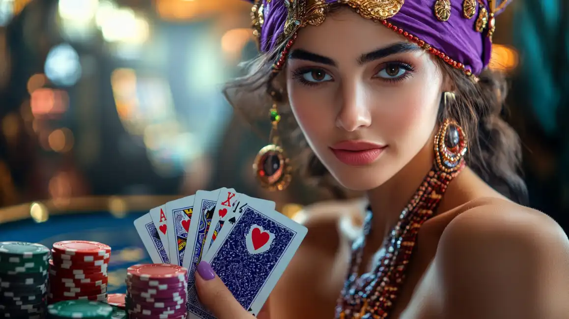 An elegant woman at the poker table reveals a winning hand, showcasing the skill, style, and big rewards you can find in the premium poker rooms at 1111BET44.
