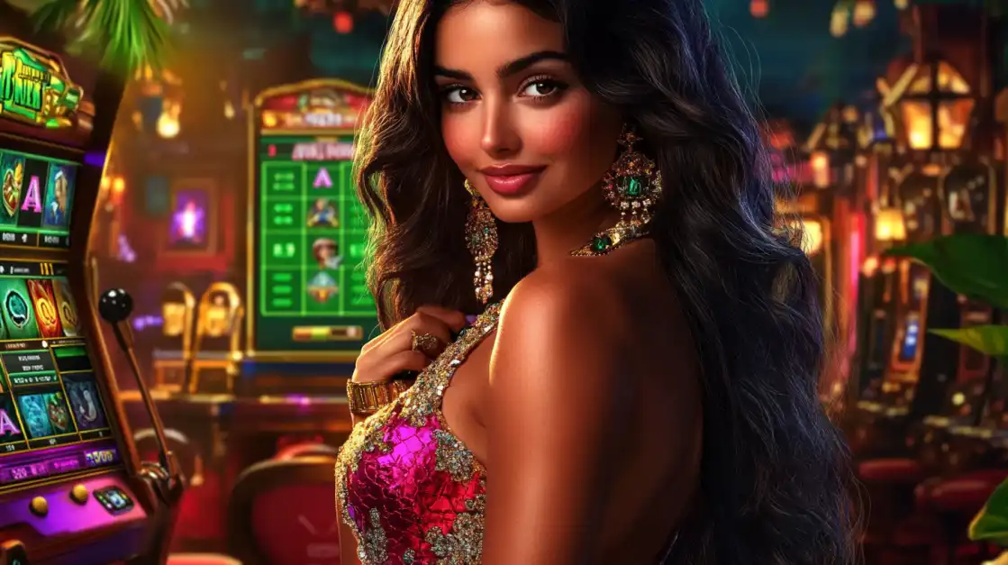 Experience the Glamour of 1111BET44 Casino. A beautiful woman in a luxurious casino, adorned with elegant jewelry, invites you to explore a world of premium slot games and glamorous wins at the exclusive 1111BET44 online casino.