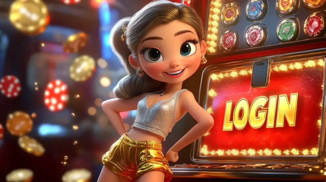A fun and stylish animated character poses by a slot machine with a bright 'LOGIN' screen, welcoming players to sign in and enjoy the exciting cartoon world of 1111BET44 games.