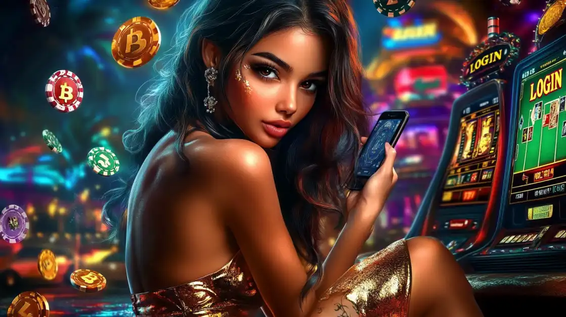 A glamorous woman in a neon-lit city casino holds a phone, ready to play with Bitcoin and other crypto on the secure and modern 1111BET44 mobile gaming platform.