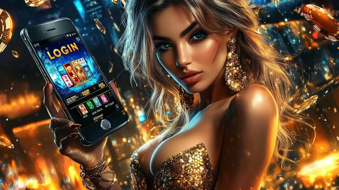 A stunning woman in a golden dress shows off the 1111BET44 mobile login screen, providing instant access to a world of glamorous slots and massive jackpots right on your phone.