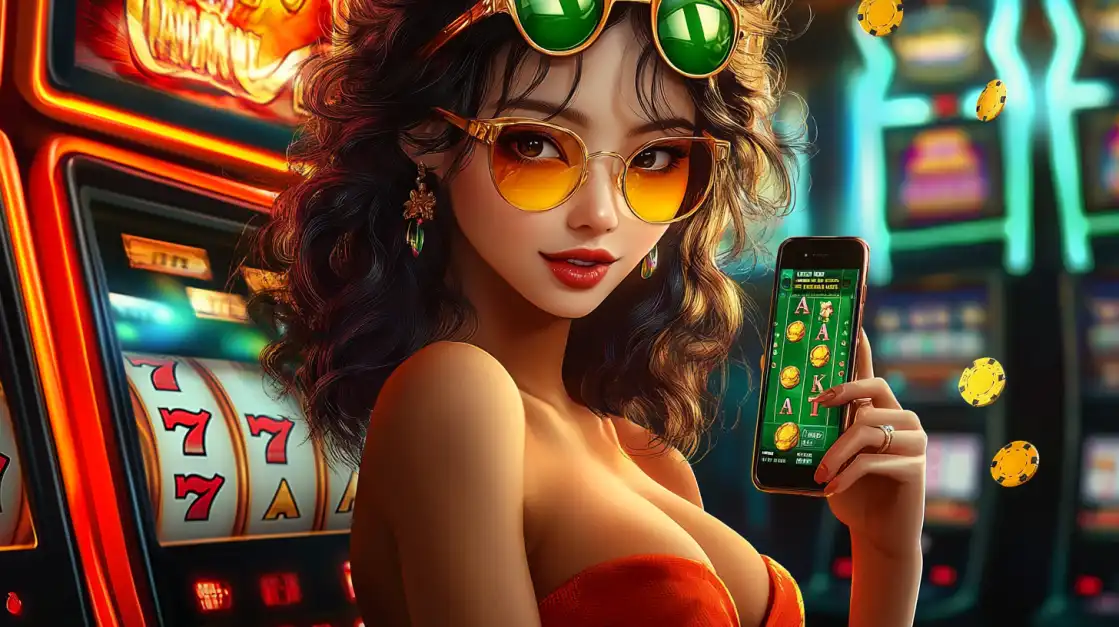 A chic woman in sunglasses enjoys a classic 777 slot experience on her mobile phone with the 1111BET44 app, blending retro style with modern gaming convenience for big wins.